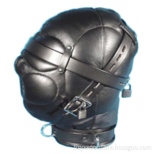 Leather Full Gimp Hood Mask with Locking Buckles Padded Locking Eyes Blindfold Bondage for Cosplay Adult game